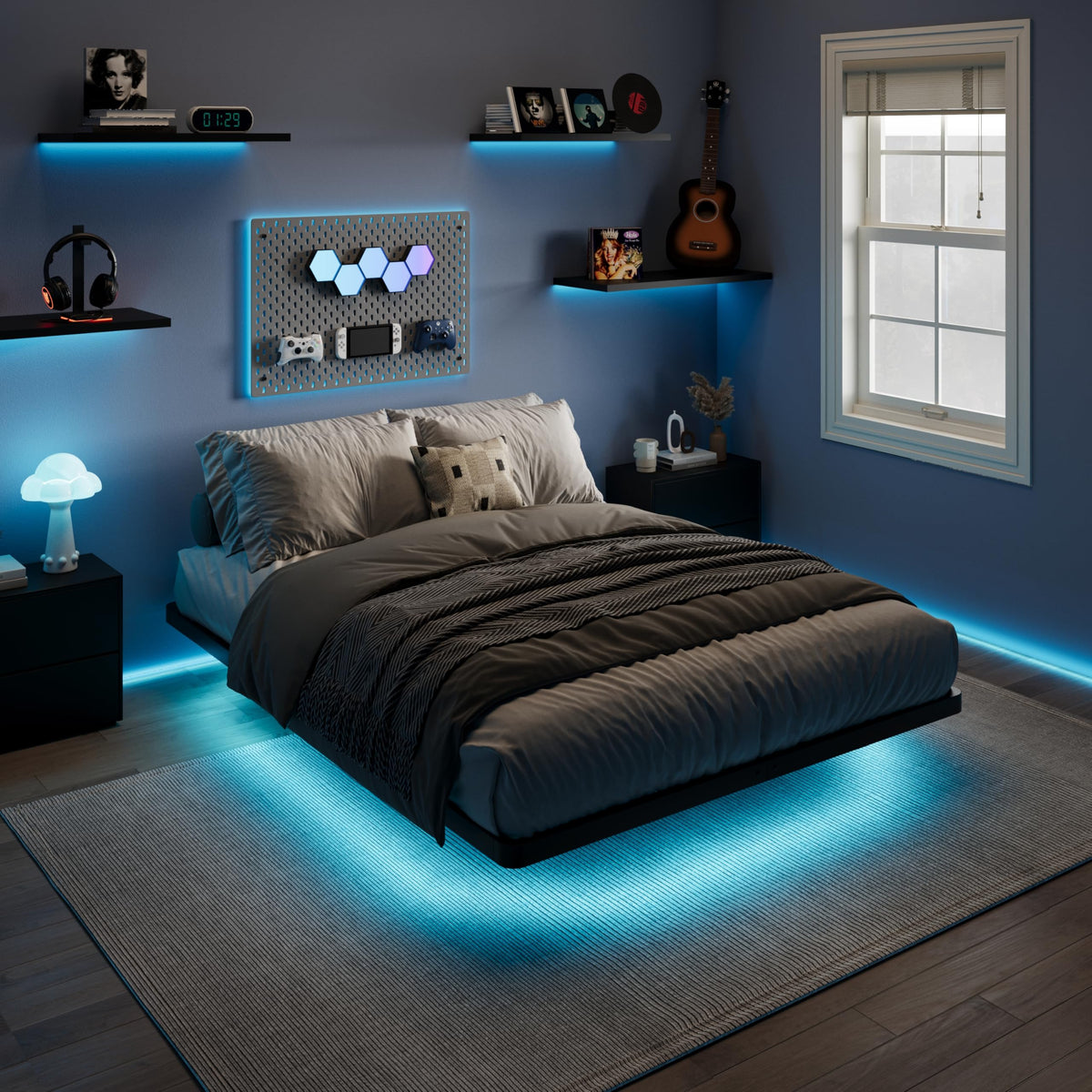 Full Size Floating Bed Frame with LED Lights, Black W95979