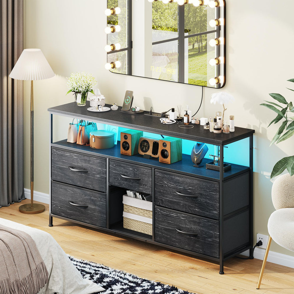 Black TV Stand with LED & Outlets, 5-Drawer Storage Y274249