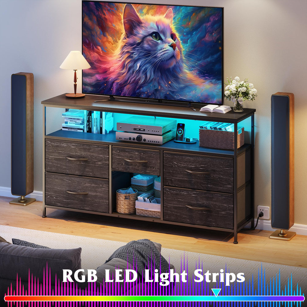 Black TV Stand with LED & Outlets, 5-Drawer Storage Y274249