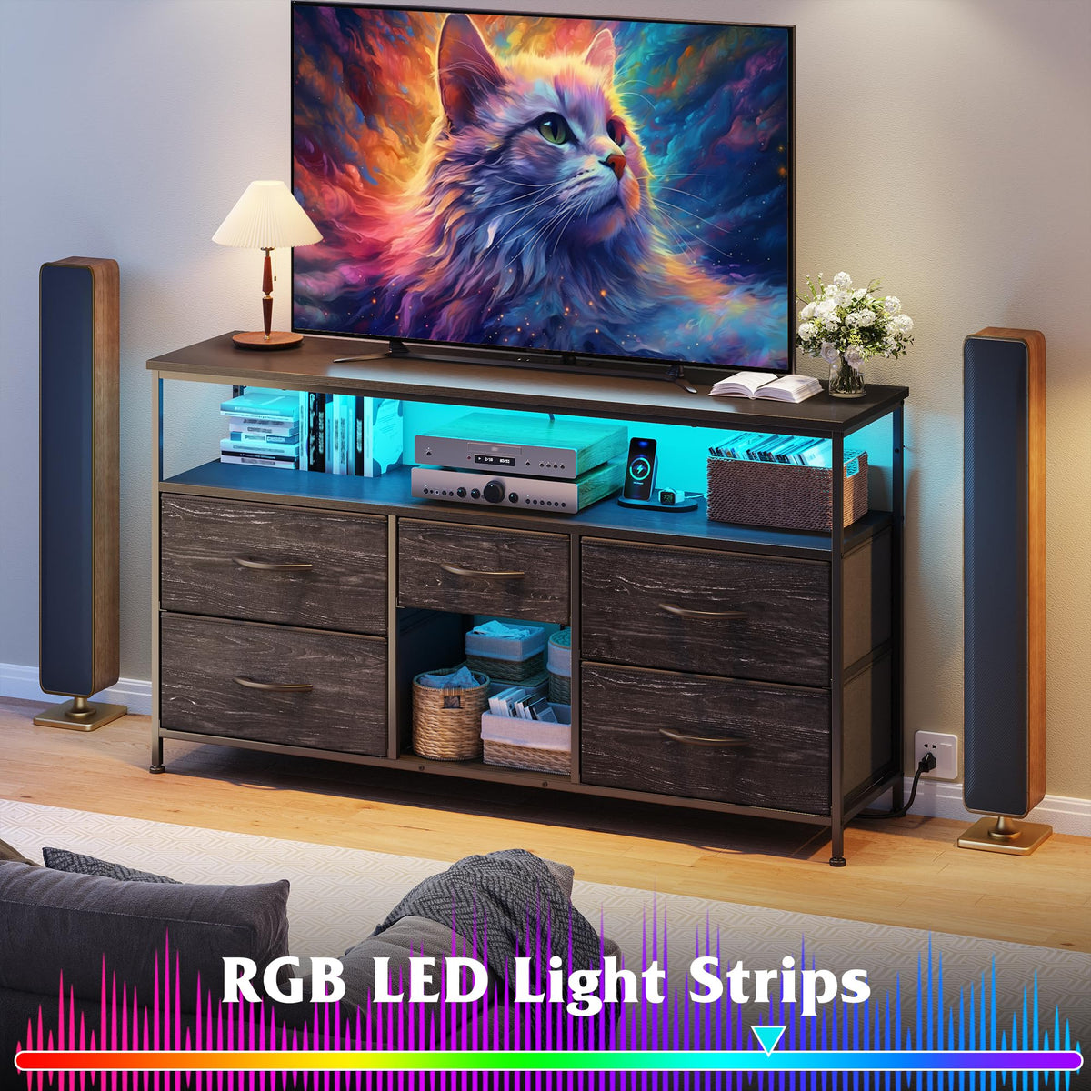 Black TV Stand with LED & Outlets, 5-Drawer Storage Y274249