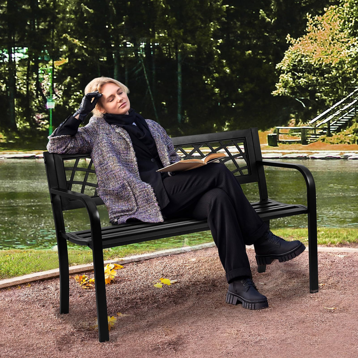 46" Iron Steel Frame Garden Bench with Mesh Pattern and Plastic Backrest L840