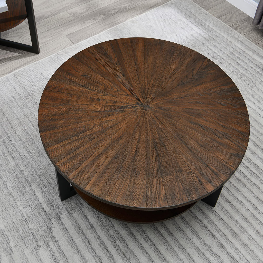 Round Coffee Table with Storage Shelf, Black Metal Legs, 35.3''D x 17.8''H I54141