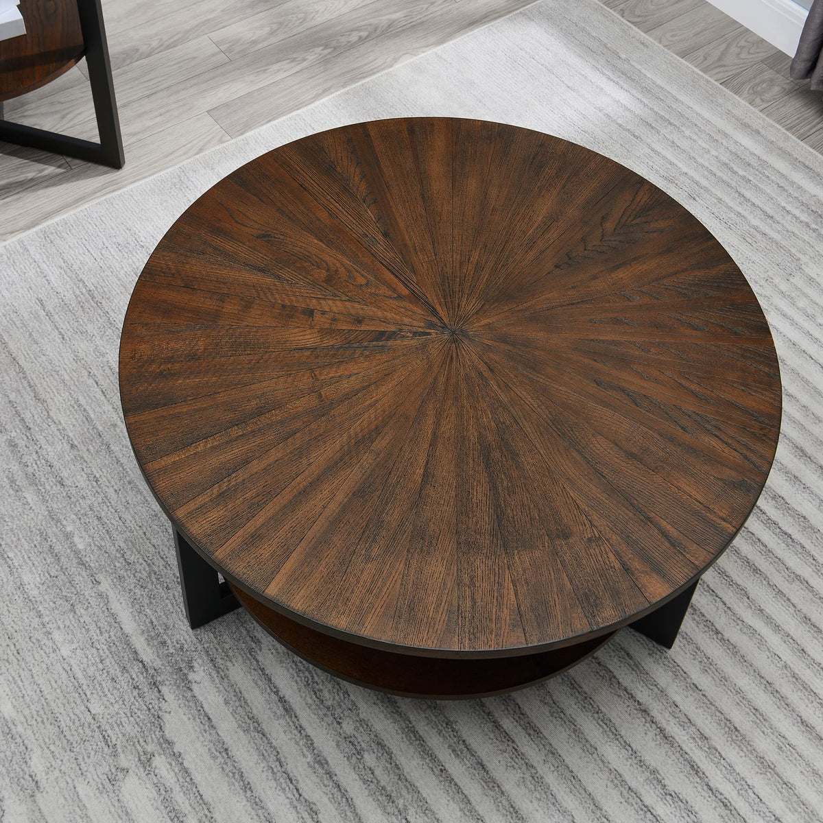 Round Coffee Table with Storage Shelf, Black Metal Legs, 35.3''D x 17.8''H I54141